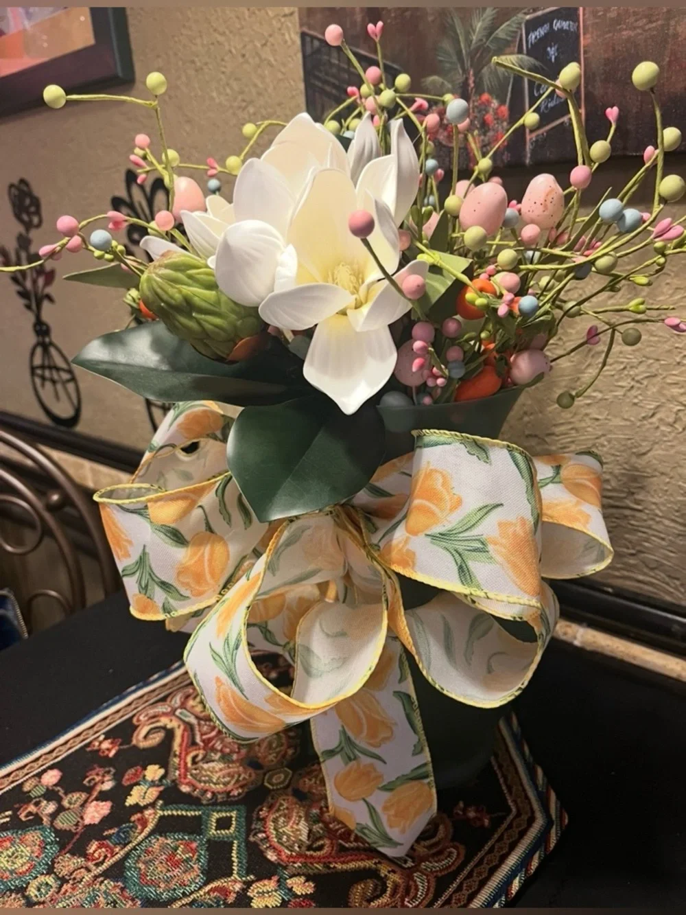 Floral Magnolia Spring Berry Arrangement with Yellow Ribbon - Home Accents